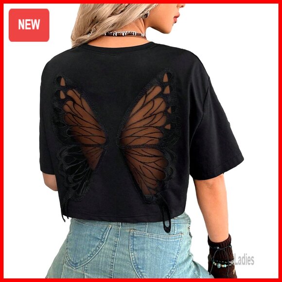 Tops - Gothic Butterfly Emo Crop Top, Soft Polyester, Regular Fit, Short Sleeve